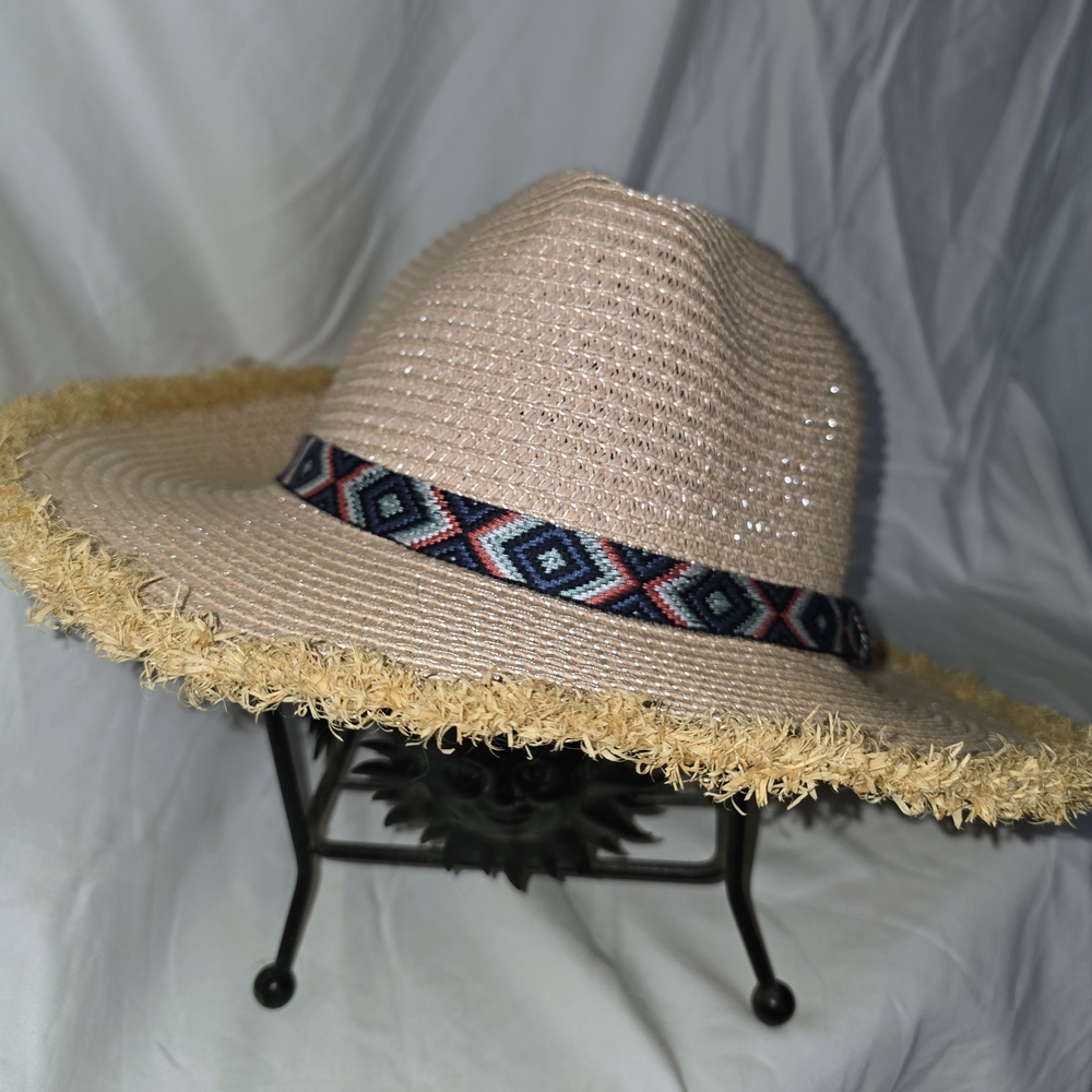 Source Unknown Beige Straw Hat with Geometric Band - Picture 2 of 4